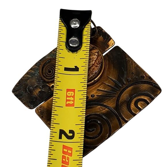 Vtg Copper Pin Brooch Textured Metalwork Sun Face Cork Center Abstract Modernist - Picture 3 of 3